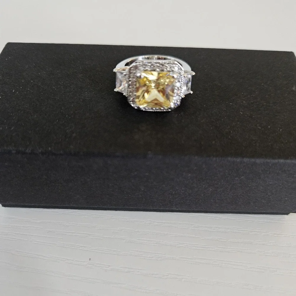 Vintage Style Canary Yellow Cushion Cut CZ Halo Ring Silver Tone Size 6